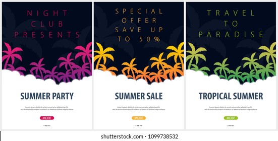 Summer Tropical backgrounds set with palms. Summer placard poster flyer invitation card. Summer time. Vector Illustration