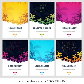 Summer Tropical backgrounds set with palms. Summer placard poster flyer invitation card. Summer time. Vector Illustration