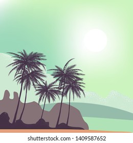 Summer tropical backgrounds set with palms, sky and sunset
