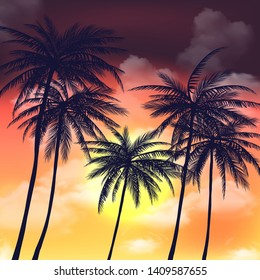 Summer tropical backgrounds set with palms, sky and sunset