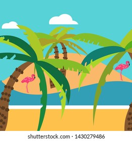Summer tropical backgrounds set with palms, sky and sunset. Summer placard poster flyer invitation card. Summertime.