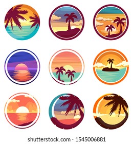 Summer tropical backgrounds set with palms, sky and sunset. Summer placard poster flyer invitation card with circle style