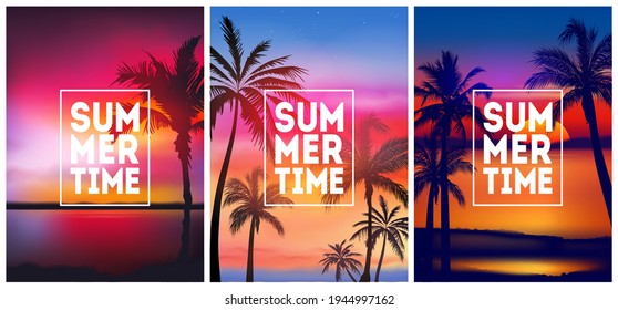 Summer tropical backgrounds set with palms, sky and sunset. Summer placard poster flyer invitation card. Summertime. Vector illustration