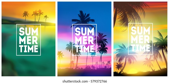 Tropische zomerachtergronden bezet met palmen, lucht en zonsondergang. Summer plakkaat poster flyer uitnodigingskaart. Zomertijd.