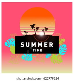 Summer tropical backgrounds set with palms, sky and sunset. Summer placard poster flyer invitation card. Summertime.