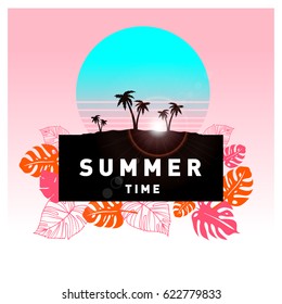 Summer tropical backgrounds set with palms, sky and sunset. Summer placard poster flyer invitation card. Summertime.