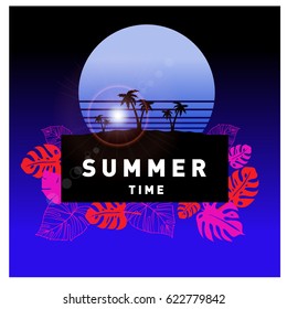 Summer tropical backgrounds set with palms, sky and sunset. Summer placard poster flyer invitation card. Summertime.