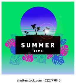 Summer tropical backgrounds set with palms, sky and sunset. Summer placard poster flyer invitation card. Summertime.