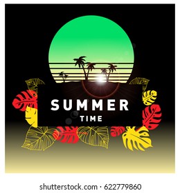 Summer tropical backgrounds set with palms, sky and sunset. Summer placard poster flyer invitation card. Summertime.