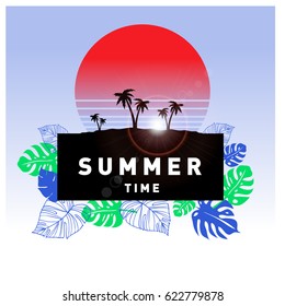 Summer tropical backgrounds set with palms, sky and sunset. Summer placard poster flyer invitation card. Summertime.