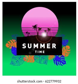 Summer tropical backgrounds set with palms, sky and sunset. Summer placard poster flyer invitation card. Summertime.