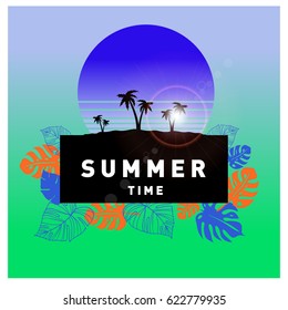 Summer tropical backgrounds set with palms, sky and sunset. Summer placard poster flyer invitation card. Summertime.