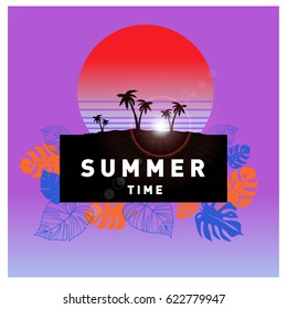 Summer tropical backgrounds set with palms, sky and sunset. Summer placard poster flyer invitation card. Summertime.