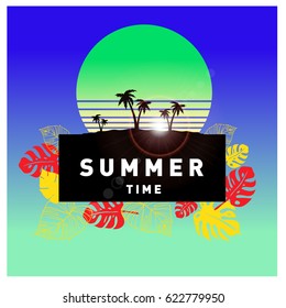 Summer tropical backgrounds set with palms, sky and sunset. Summer placard poster flyer invitation card. Summertime.