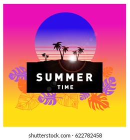 Summer tropical backgrounds set with palms, sky and sunset. Summer placard poster flyer invitation card. Summertime.