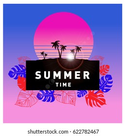 Summer tropical backgrounds set with palms, sky and sunset. Summer placard poster flyer invitation card. Summertime.