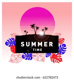 Summer tropical backgrounds set with palms, sky and sunset. Summer placard poster flyer invitation card. Summertime.
