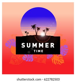Summer tropical backgrounds set with palms, sky and sunset. Summer placard poster flyer invitation card. Summertime.