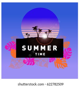 Summer tropical backgrounds set with palms, sky and sunset. Summer placard poster flyer invitation card. Summertime.