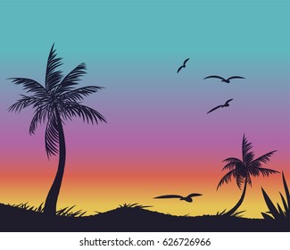 Summer tropical backgrounds set with palms, sky and sunset