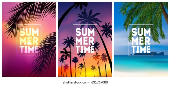 Summer tropical backgrounds set with palms, sky and sunset. Summer placard poster flyer invitation card. Summertime
