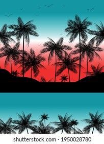 Summer tropical backgrounds are surrounded by palm trees, sky and sunset. Summer poster, flyer invitation card. Summer time