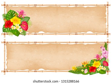 Summer tropical bamboo frame design with exotic leaves and flowers. Vector illustration. Isolated on white background.