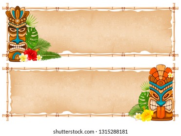 Diseño veraniego de marcos de bambú tropical con máscara Tiki, hojas exóticas y flores. Ilustración vectorial. Aislado sobre fondo blanco.