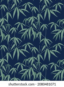 Summer tropical bamboo leaves digital pattern. Bamboo leaves on nice dark blue
background. Floral pattern for textile or wallpaper. Spring romantic pattern.