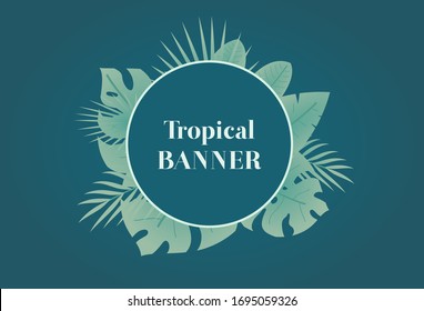Tropischer Sommerbanner mit Kreisrahmen und tropischen Blättern rund. Blumenbanner mit Palmen, Bananenblätter. Grußkartenelement. Vektorillustration