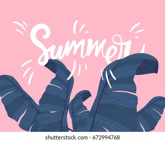 Summer tropical banner with exotic palm leaves on pink background. Monstera, palm, banana leaves. Exotic textile botanical design. Summer jungle design. Hawaiian style. Vector illustration.