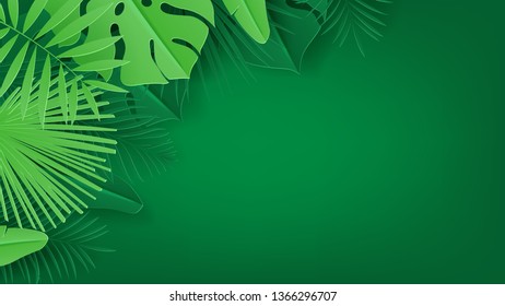 Summer tropical banner with green leaves. Vector illustration with tropical leaves in paper cut style on green background.