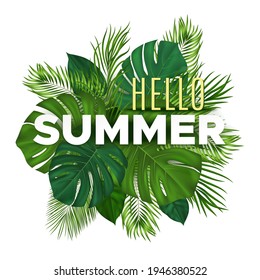 Summer tropical banner with green palm leaves on white background. Vector plant background for leaflet, banner, printing