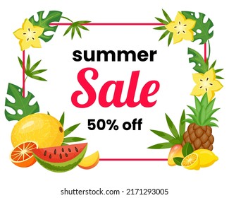 Summer tropical banner. Hot sale or fresh discount background. Fashion summertime special offer concept for holiday market. Exotic fruits and palm leaves flyer. Vector illustration label