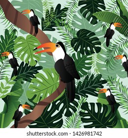 Summer tropical banner palm leaves birds vector image.