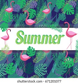 Summer tropical banner with palm leaves and flamingo. Modern style. Vector illustration.