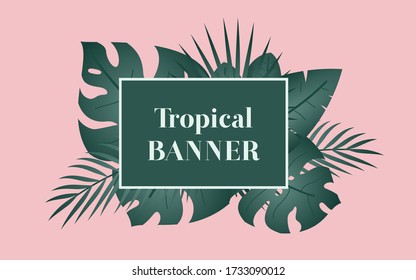 Summer tropical banner with rectangle frame and tropical leaves around. Floral banner with palm, banana leaves. Greeting card element. Vector illustration