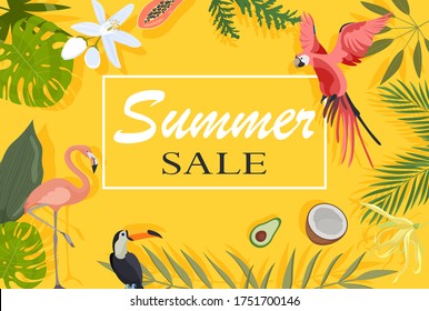 Summer tropical banner. Summer sale. Exotic banner with birds , plants and fruits. Colorful advertising poster.