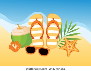 Summer tropical beach with accessories on sand vector illustration. Flip flops, sunglasses, starfish, coconut drink, hibiscus flower on the beach vector illustration. Exotic summer vacation symbol