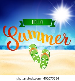 Summer tropical beach background with original hand lettering Hello Summer. Illustration for logotypes, posters, greeting and invitation cards, print and web projects.