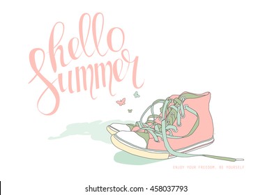Summer tropical beach background with original hand lettering Hello Summer. Illustration for logotypes, posters, greeting and invitation cards, print and web projects.