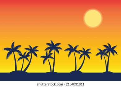 Sommertropischer Strandhintergrund mit Palmen, Sonnenaufgang und Sonnenuntergang.
