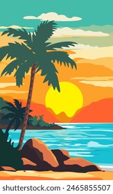 Summer tropical beach background with palms, sky sunrise and sunset. Summer vacation background cartoon concept. Summertime, vector illustration.