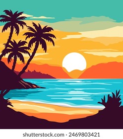 Summer tropical beach background with palms, sky sunrise and sunset. Summer vacation background cartoon concept. Summertime, vector illustration.