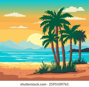 Summer tropical beach background with palms, sky sunrise and sunset. Summer vacation background cartoon concept. Summertime, vector illustration.