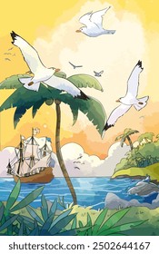 summer tropical beach background with sky sunrise and sunset.watercolor style cartoon concept.summer season,vector illustration.