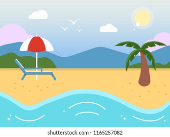 Summer tropical beach background.  Vacation and travel concept. Flat style vector illustration.