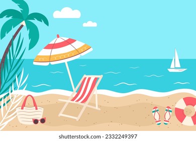 Summer tropical beach background, vector illustration. Summer travel poster banner.