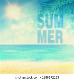 Summer. Tropical beach background with yellow sand, blue ocean and sky. Design template for banner, poster or party flyer. Vacation or paradise concept. Vector illustration.