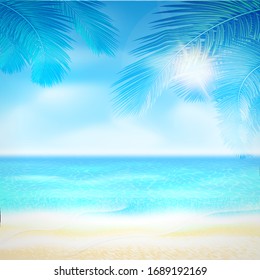 Summer. Tropical beach background with yellow sand, blue ocean and sky. Design template for banner, poster or party flyer. Vacation or paradise concept. Vector illustration.